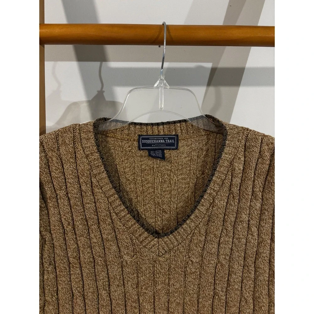 Vintage Susquehanna Trail Outfitters Men XL Brown Cable Knit V-Neck Sweater Vest